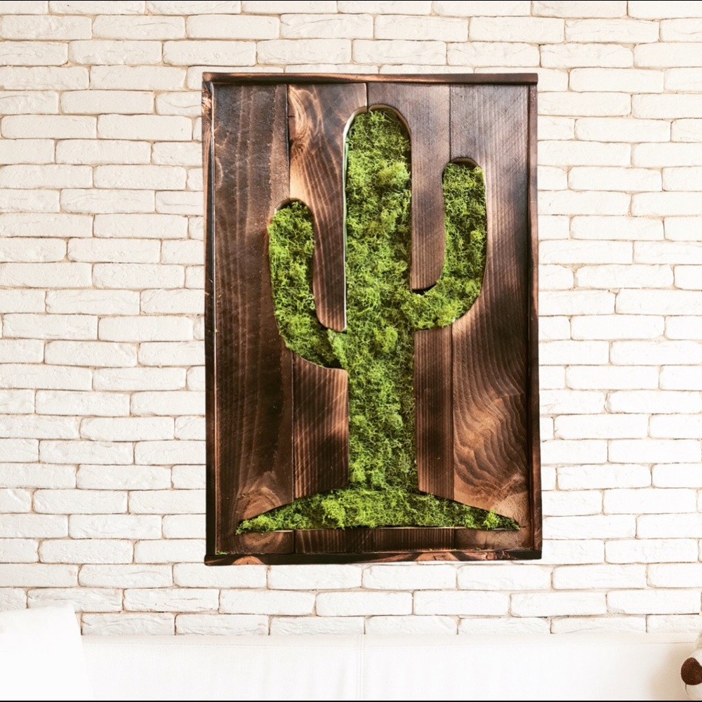 Handmade Rustic Cactus Wall Art Filled With Moss